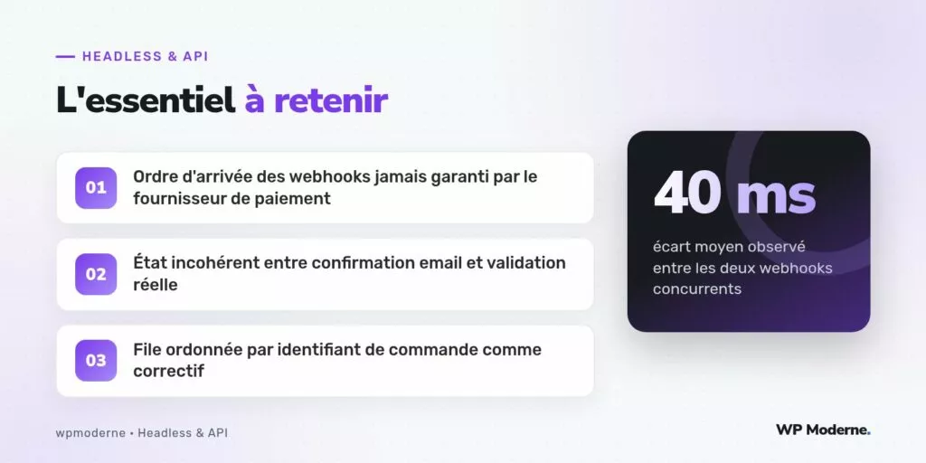 L'essentiel à retenir : Ordre d'arrivée des webhooks jamais garanti par le fournisseur de paiement ; État incohérent entre confirmation email et validation réelle ; File ordonnée par identifiant de commande comme correctif