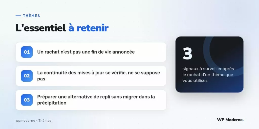 L'essentiel à retenir : Un rachat n'est pas une fin de vie annoncée ; La continuité des mises à jour se vérifie, ne se suppose pas ; Préparer une alternative de repli sans migrer dans la précipitation