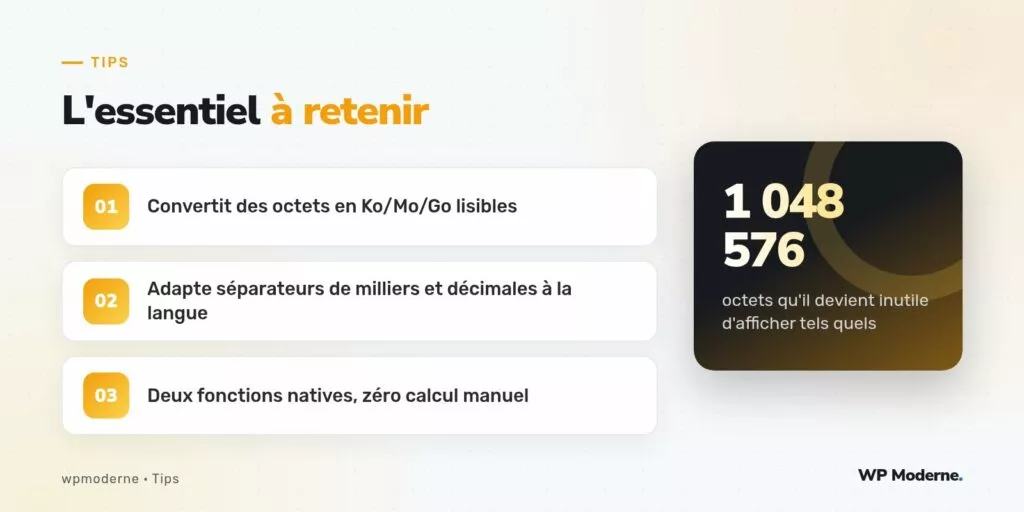 L'essentiel à retenir : Convertit des octets en Ko/Mo/Go lisibles ; Adapte séparateurs de milliers et décimales à la langue ; Deux fonctions natives, zéro calcul manuel