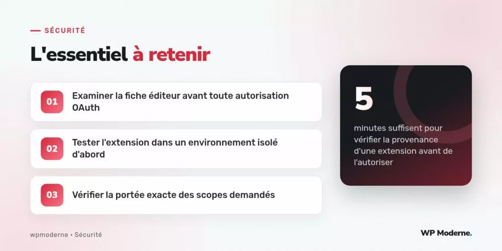 L'essentiel à retenir : Examiner la fiche éditeur avant toute autorisation OAuth ; Tester l'extension dans un environnement isolé d'abord ; Vérifier la portée exacte des scopes demandés