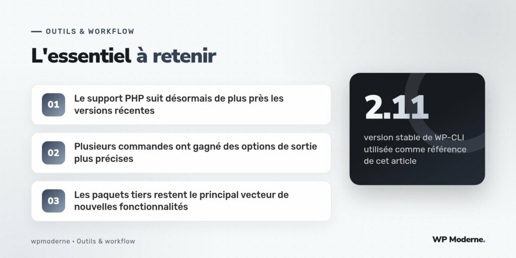 L'essentiel à retenir : Le support PHP suit désormais de plus près les versions récentes ; Plusieurs commandes ont gagné des options de sortie plus précises ; Les paquets tiers restent le principal vecteur de nouvelles fonctionnalités