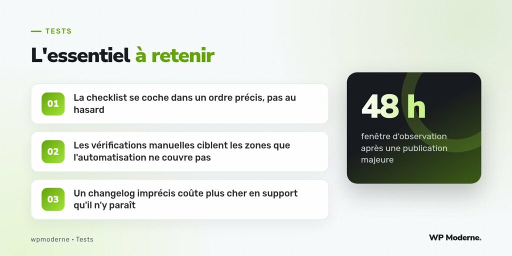 L'essentiel à retenir : La checklist se coche dans un ordre précis, pas au hasard ; Les vérifications manuelles ciblent les zones que l'automatisation ne couvre pas ; Un changelog imprécis coûte plus cher en support qu'il n'y paraît