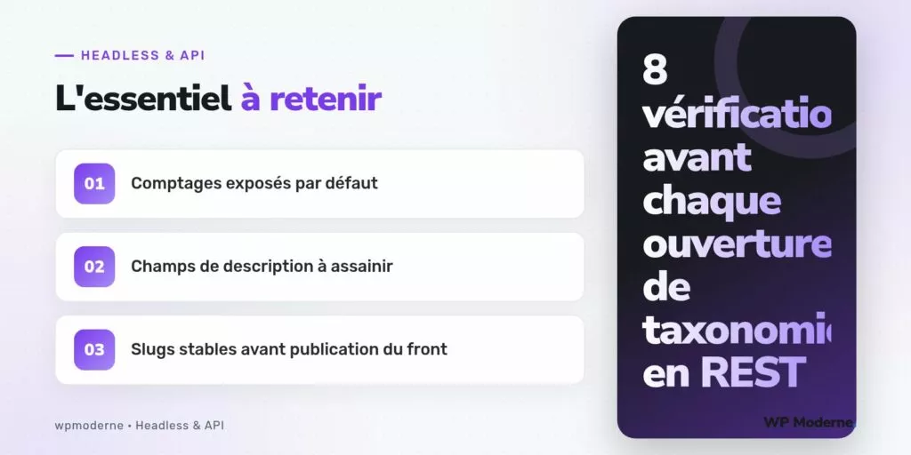 L'essentiel à retenir : Comptages exposés par défaut ; Champs de description à assainir ; Slugs stables avant publication du front