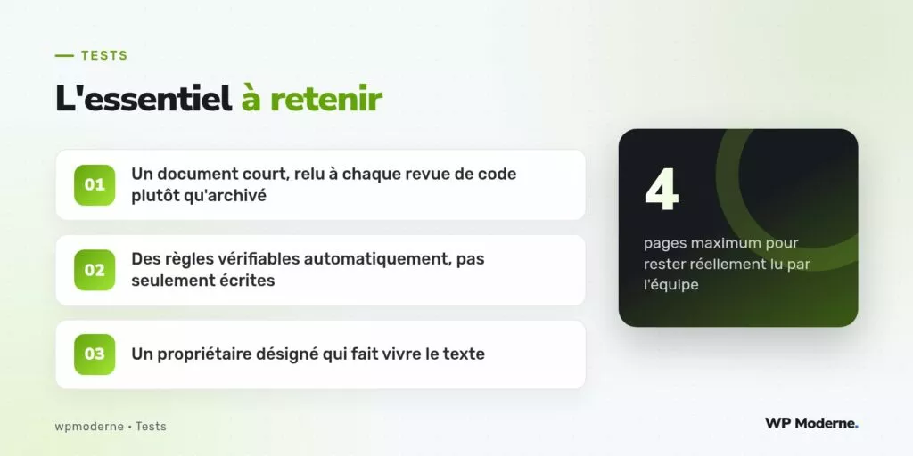 L'essentiel à retenir : Un document court, relu à chaque revue de code plutôt qu'archivé ; Des règles vérifiables automatiquement, pas seulement écrites ; Un propriétaire désigné qui fait vivre le texte
