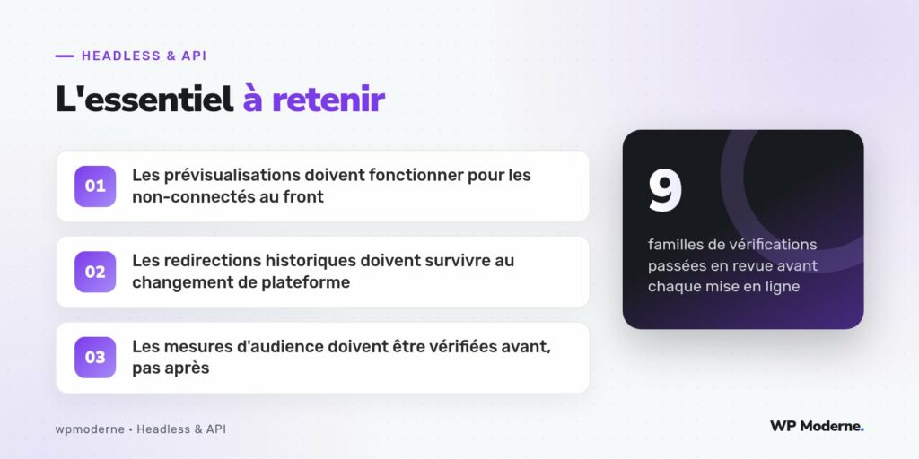 L'essentiel à retenir : Les prévisualisations doivent fonctionner pour les non-connectés au front ; Les redirections historiques doivent survivre au changement de plateforme ; Les mesures d'audience doivent être vérifiées avant, pas après
