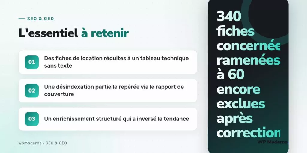 L'essentiel à retenir : Des fiches de location réduites à un tableau technique sans texte ; Une désindexation partielle repérée via le rapport de couverture ; Un enrichissement structuré qui a inversé la tendance