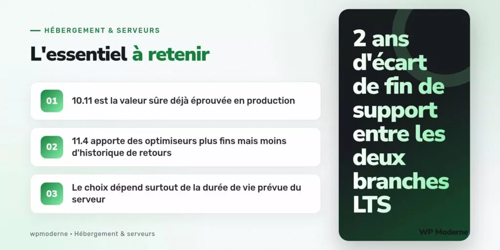 L'essentiel à retenir : 10.11 est la valeur sûre déjà éprouvée en production ; 11.4 apporte des optimiseurs plus fins mais moins d'historique de retours ; Le choix dépend surtout de la durée de vie prévue du serveur