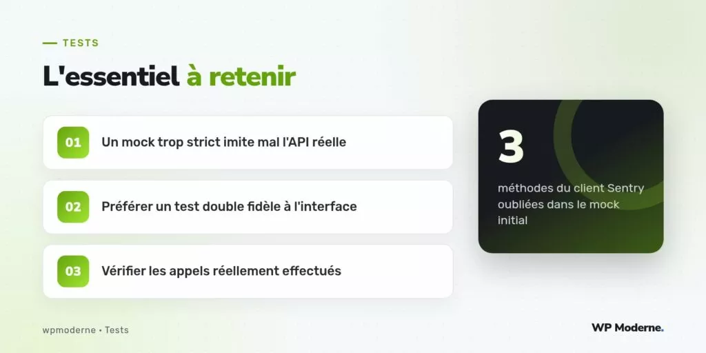L'essentiel à retenir : Un mock trop strict imite mal l'API réelle ; Préférer un test double fidèle à l'interface ; Vérifier les appels réellement effectués