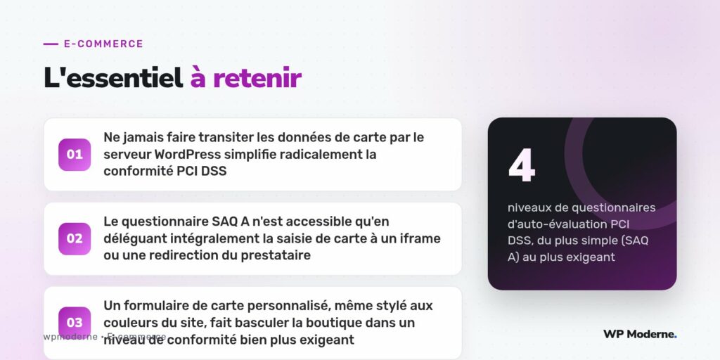L'essentiel à retenir : Ne jamais faire transiter les données de carte par le serveur WordPress simplifie radicalement la conformité PCI DSS ; Le questionnaire SAQ A n'est accessible qu'en déléguant intégralement la saisie de carte à un iframe ou une redirection du prestataire ; Un formulaire de carte personnalisé, même stylé aux couleurs du site, fait basculer la boutique dans un niveau de conformité bien plus exigeant