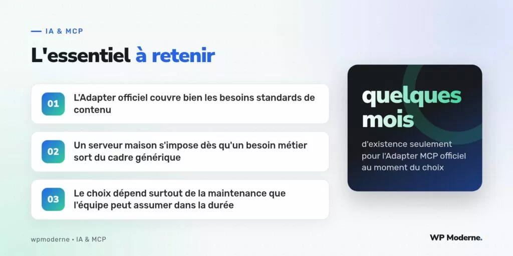 L'essentiel à retenir : L'Adapter officiel couvre bien les besoins standards de contenu ; Un serveur maison s'impose dès qu'un besoin métier sort du cadre générique ; Le choix dépend surtout de la maintenance que l'équipe peut assumer dans la durée