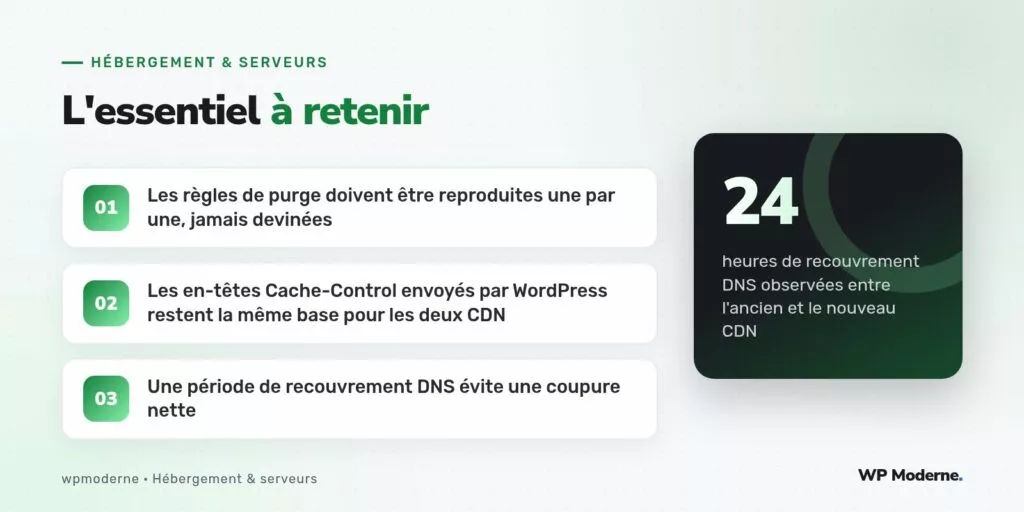 L'essentiel à retenir : Les règles de purge doivent être reproduites une par une, jamais devinées ; Les en-têtes Cache-Control envoyés par WordPress restent la même base pour les deux CDN ; Une période de recouvrement DNS évite une coupure nette