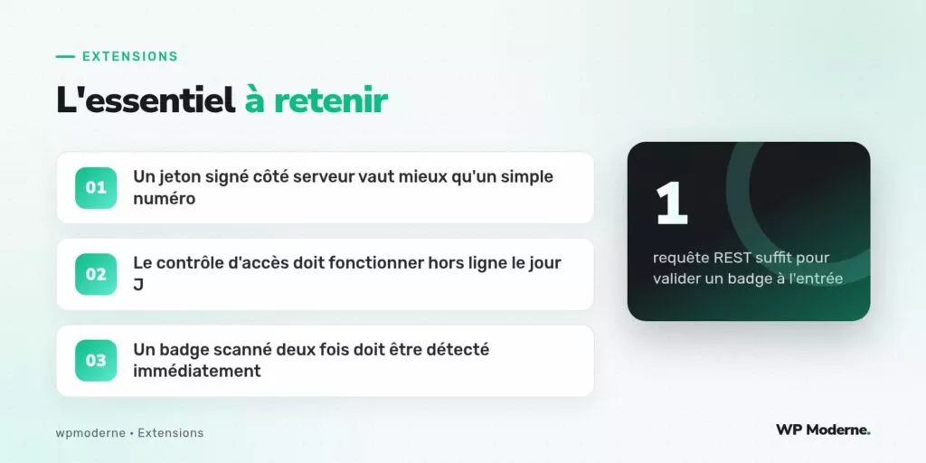 L'essentiel à retenir : Un jeton signé côté serveur vaut mieux qu'un simple numéro ; Le contrôle d'accès doit fonctionner hors ligne le jour J ; Un badge scanné deux fois doit être détecté immédiatement