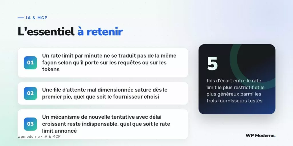 L'essentiel à retenir : Un rate limit par minute ne se traduit pas de la même façon selon qu'il porte sur les requêtes ou sur les tokens ; Une file d'attente mal dimensionnée sature dès le premier pic, quel que soit le fournisseur choisi ; Un mécanisme de nouvelle tentative avec délai croissant reste indispensable, quel que soit le rate limit annoncé