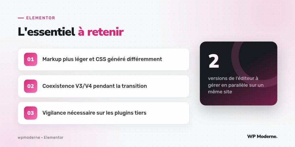 L'essentiel à retenir : Markup plus léger et CSS généré différemment ; Coexistence V3/V4 pendant la transition ; Vigilance nécessaire sur les plugins tiers