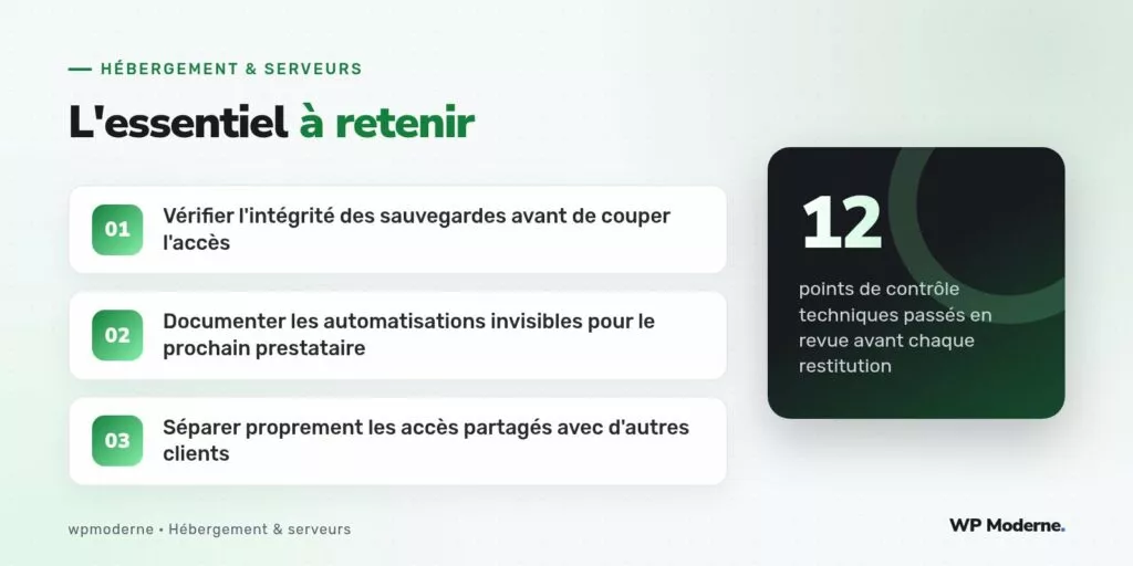 L'essentiel à retenir : Vérifier l'intégrité des sauvegardes avant de couper l'accès ; Documenter les automatisations invisibles pour le prochain prestataire ; Séparer proprement les accès partagés avec d'autres clients