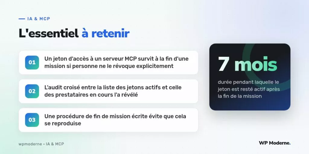 L'essentiel à retenir : Un jeton d'accès à un serveur MCP survit à la fin d'une mission si personne ne le révoque explicitement ; L'audit croisé entre la liste des jetons actifs et celle des prestataires en cours l'a révélé ; Une procédure de fin de mission écrite évite que cela se reproduise