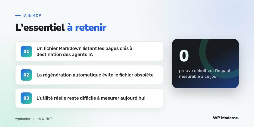 L'essentiel à retenir : Un fichier Markdown listant les pages clés à destination des agents IA ; La régénération automatique évite le fichier obsolète ; L'utilité réelle reste difficile à mesurer aujourd'hui