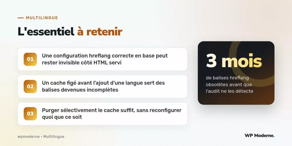 L'essentiel à retenir : Une configuration hreflang correcte en base peut rester invisible côté HTML servi ; Un cache figé avant l'ajout d'une langue sert des balises devenues incomplètes ; Purger sélectivement le cache suffit, sans reconfigurer quoi que ce soit