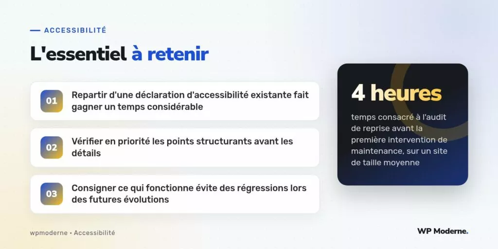 L'essentiel à retenir : Repartir d'une déclaration d'accessibilité existante fait gagner un temps considérable ; Vérifier en priorité les points structurants avant les détails ; Consigner ce qui fonctionne évite des régressions lors des futures évolutions