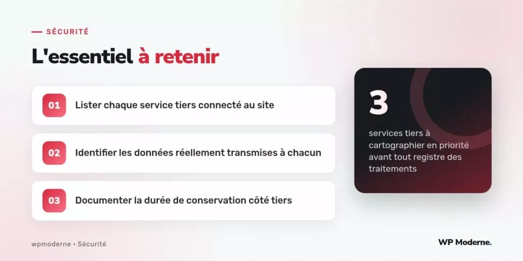 L'essentiel à retenir : Lister chaque service tiers connecté au site ; Identifier les données réellement transmises à chacun ; Documenter la durée de conservation côté tiers