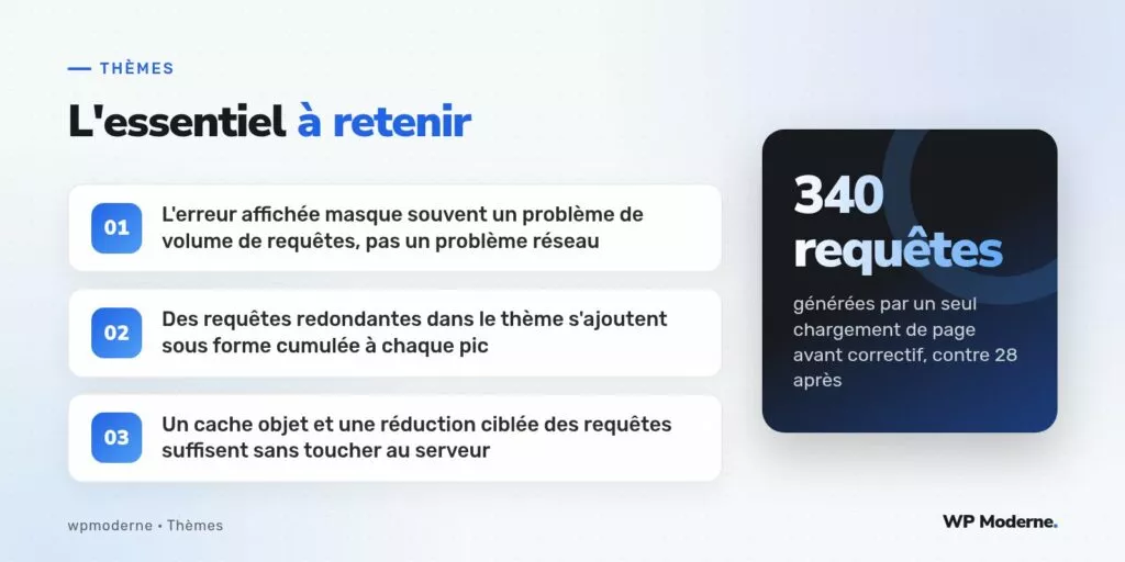 L'essentiel à retenir : L'erreur affichée masque souvent un problème de volume de requêtes, pas un problème réseau ; Des requêtes redondantes dans le thème s'ajoutent sous forme cumulée à chaque pic ; Un cache objet et une réduction ciblée des requêtes suffisent sans toucher au serveur