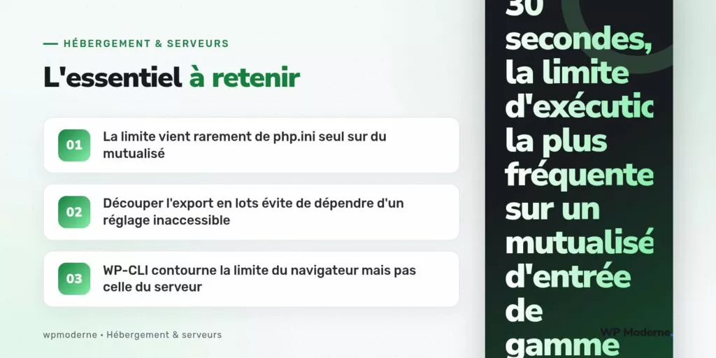 L'essentiel à retenir : La limite vient rarement de php.ini seul sur du mutualisé ; Découper l'export en lots évite de dépendre d'un réglage inaccessible ; WP-CLI contourne la limite du navigateur mais pas celle du serveur
