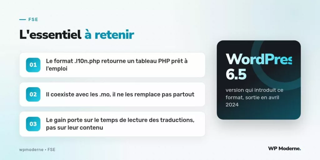 L'essentiel à retenir : Le format .l10n.php retourne un tableau PHP prêt à l'emploi ; Il coexiste avec les .mo, il ne les remplace pas partout ; Le gain porte sur le temps de lecture des traductions, pas sur leur contenu