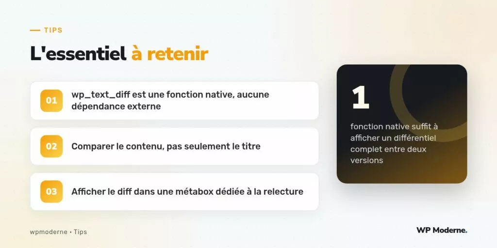 L'essentiel à retenir : wp_text_diff est une fonction native, aucune dépendance externe ; Comparer le contenu, pas seulement le titre ; Afficher le diff dans une métabox dédiée à la relecture
