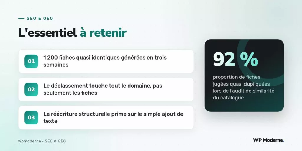 L'essentiel à retenir : 1 200 fiches quasi identiques générées en trois semaines ; Le déclassement touche tout le domaine, pas seulement les fiches ; La réécriture structurelle prime sur le simple ajout de texte