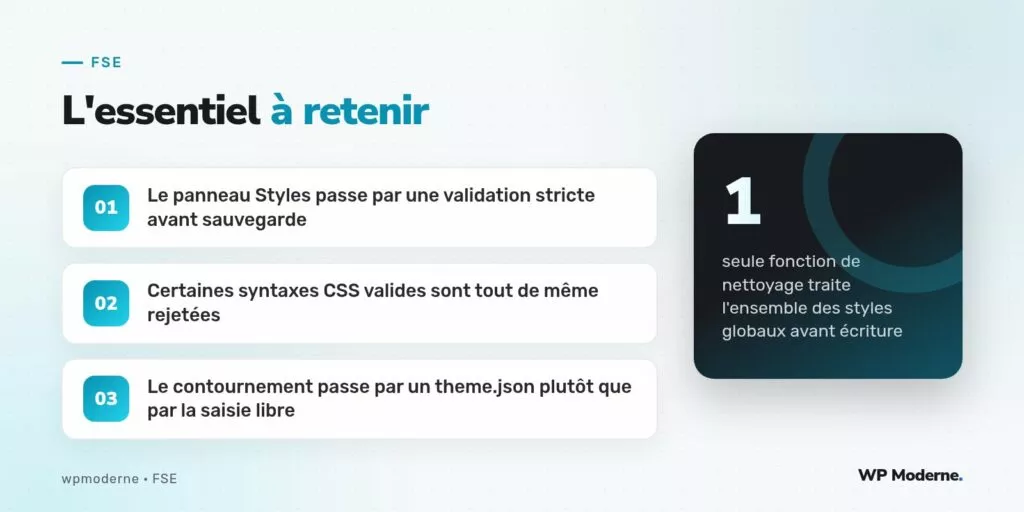 L'essentiel à retenir : Le panneau Styles passe par une validation stricte avant sauvegarde ; Certaines syntaxes CSS valides sont tout de même rejetées ; Le contournement passe par un theme.json plutôt que par la saisie libre