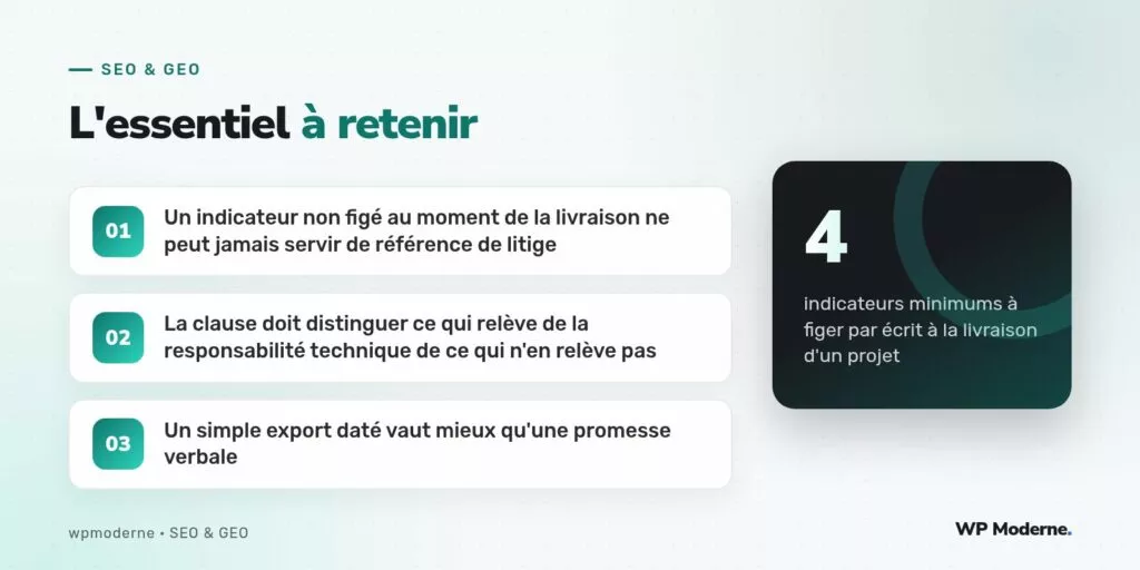 L'essentiel à retenir : Un indicateur non figé au moment de la livraison ne peut jamais servir de référence de litige ; La clause doit distinguer ce qui relève de la responsabilité technique de ce qui n'en relève pas ; Un simple export daté vaut mieux qu'une promesse verbale