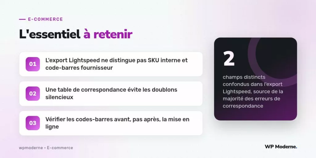 L'essentiel à retenir : L'export Lightspeed ne distingue pas SKU interne et code-barres fournisseur ; Une table de correspondance évite les doublons silencieux ; Vérifier les codes-barres avant, pas après, la mise en ligne