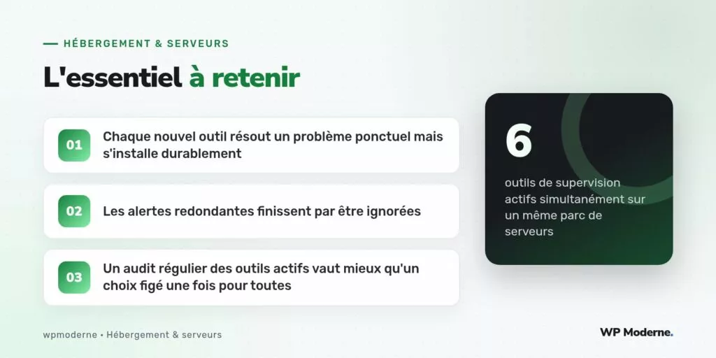 L'essentiel à retenir : Chaque nouvel outil résout un problème ponctuel mais s'installe durablement ; Les alertes redondantes finissent par être ignorées ; Un audit régulier des outils actifs vaut mieux qu'un choix figé une fois pour toutes