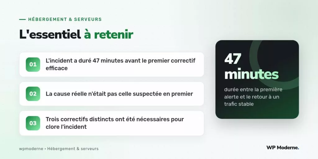 L'essentiel à retenir : L'incident a duré 47 minutes avant le premier correctif efficace ; La cause réelle n'était pas celle suspectée en premier ; Trois correctifs distincts ont été nécessaires pour clore l'incident