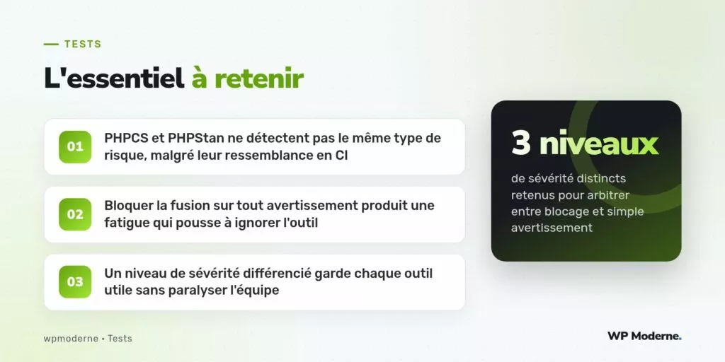 L'essentiel à retenir : PHPCS et PHPStan ne détectent pas le même type de risque, malgré leur ressemblance en CI ; Bloquer la fusion sur tout avertissement produit une fatigue qui pousse à ignorer l'outil ; Un niveau de sévérité différencié garde chaque outil utile sans paralyser l'équipe