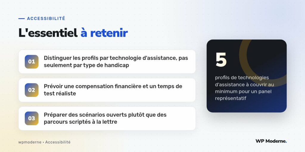 L'essentiel à retenir : Distinguer les profils par technologie d'assistance, pas seulement par type de handicap ; Prévoir une compensation financière et un temps de test réaliste ; Préparer des scénarios ouverts plutôt que des parcours scriptés à la lettre