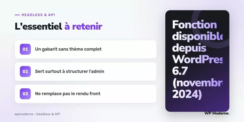L'essentiel à retenir : Un gabarit sans thème complet ; Sert surtout à structurer l'admin ; Ne remplace pas le rendu front