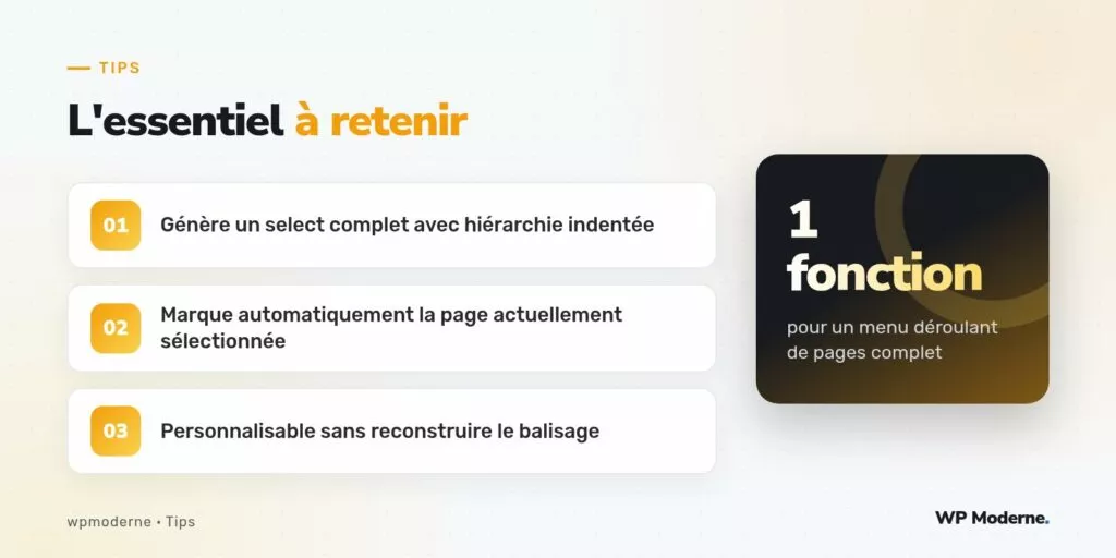 L'essentiel à retenir : Génère un select complet avec hiérarchie indentée ; Marque automatiquement la page actuellement sélectionnée ; Personnalisable sans reconstruire le balisage