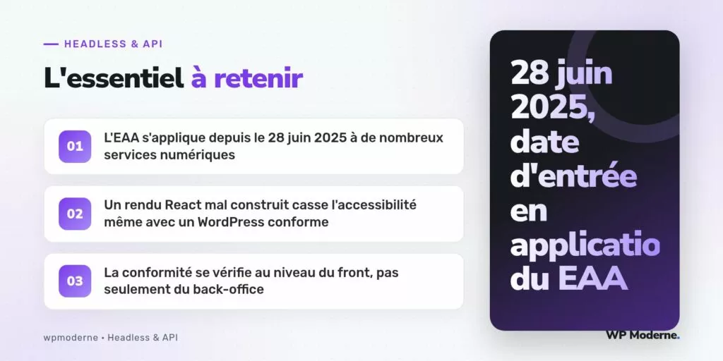 L'essentiel à retenir : L'EAA s'applique depuis le 28 juin 2025 à de nombreux services numériques ; Un rendu React mal construit casse l'accessibilité même avec un WordPress conforme ; La conformité se vérifie au niveau du front, pas seulement du back-office