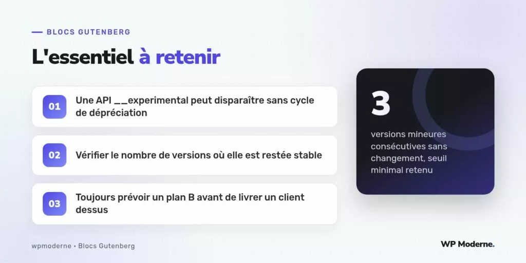 L'essentiel à retenir : Une API __experimental peut disparaître sans cycle de dépréciation ; Vérifier le nombre de versions où elle est restée stable ; Toujours prévoir un plan B avant de livrer un client dessus