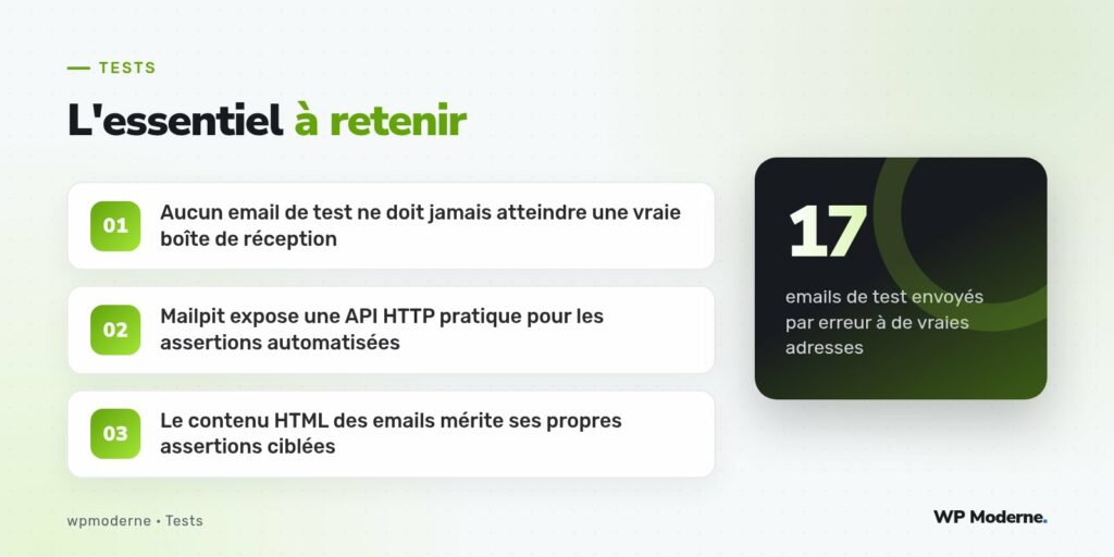 L'essentiel à retenir : Aucun email de test ne doit jamais atteindre une vraie boîte de réception ; Mailpit expose une API HTTP pratique pour les assertions automatisées ; Le contenu HTML des emails mérite ses propres assertions ciblées