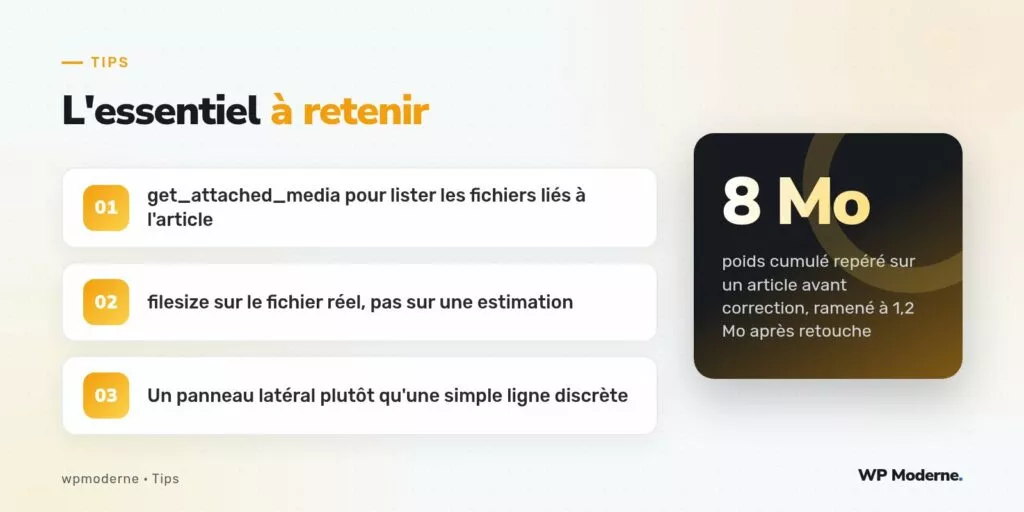 L'essentiel à retenir : get_attached_media pour lister les fichiers liés à l'article ; filesize sur le fichier réel, pas sur une estimation ; Un panneau latéral plutôt qu'une simple ligne discrète