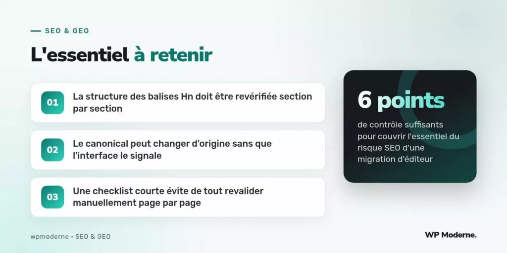 L'essentiel à retenir : La structure des balises Hn doit être revérifiée section par section ; Le canonical peut changer d'origine sans que l'interface le signale ; Une checklist courte évite de tout revalider manuellement page par page