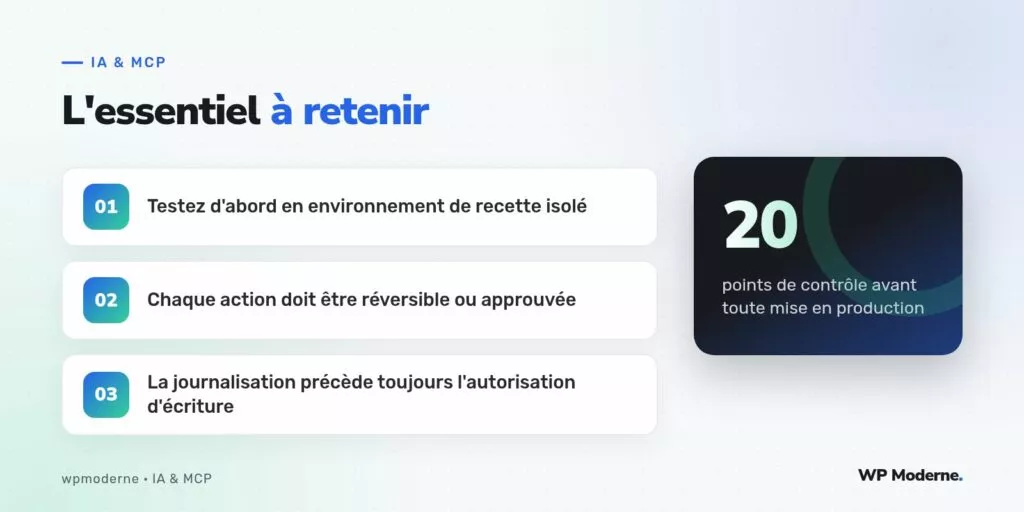 L'essentiel à retenir : Testez d'abord en environnement de recette isolé ; Chaque action doit être réversible ou approuvée ; La journalisation précède toujours l'autorisation d'écriture