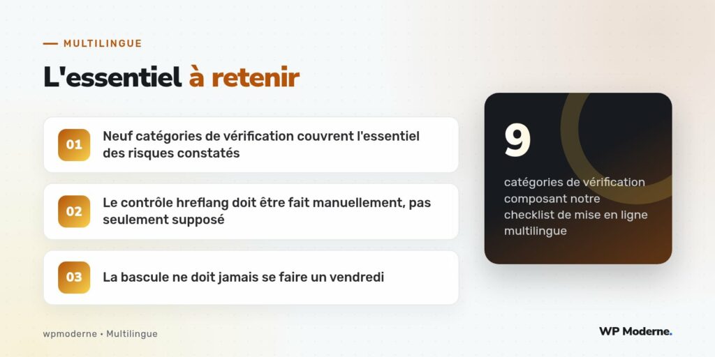 L'essentiel à retenir : Neuf catégories de vérification couvrent l'essentiel des risques constatés ; Le contrôle hreflang doit être fait manuellement, pas seulement supposé ; La bascule ne doit jamais se faire un vendredi