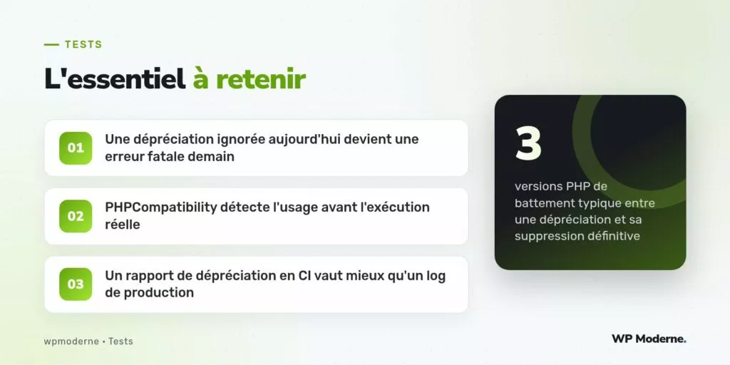 L'essentiel à retenir : Une dépréciation ignorée aujourd'hui devient une erreur fatale demain ; PHPCompatibility détecte l'usage avant l'exécution réelle ; Un rapport de dépréciation en CI vaut mieux qu'un log de production