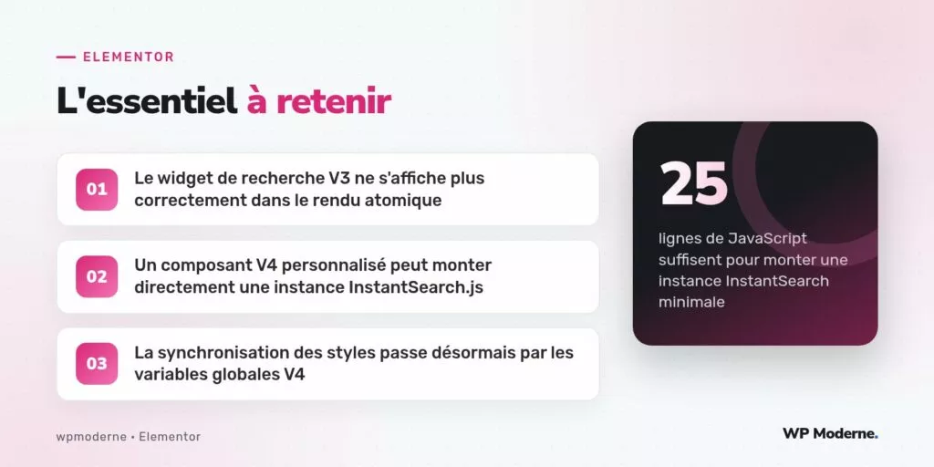 L'essentiel à retenir : Le widget de recherche V3 ne s'affiche plus correctement dans le rendu atomique ; Un composant V4 personnalisé peut monter directement une instance InstantSearch.js ; La synchronisation des styles passe désormais par les variables globales V4
