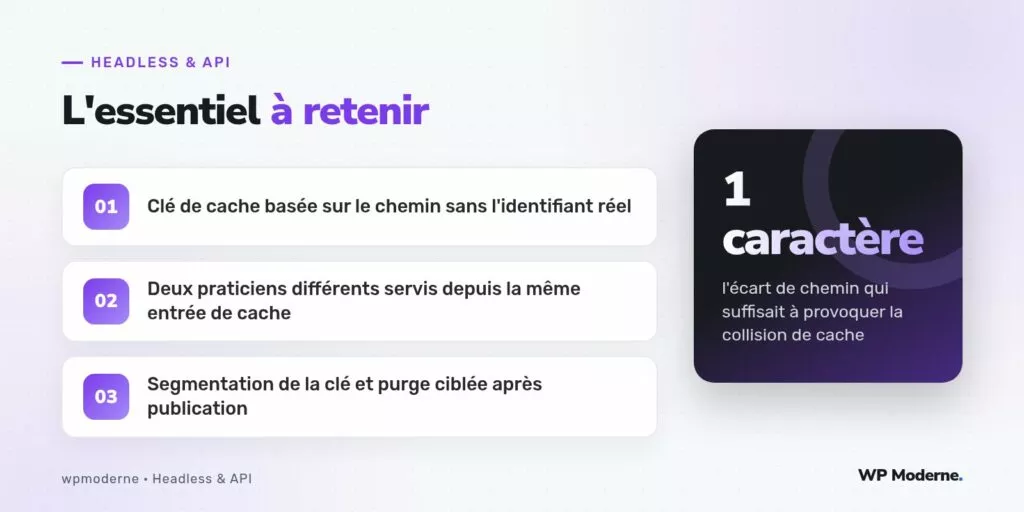 L'essentiel à retenir : Clé de cache basée sur le chemin sans l'identifiant réel ; Deux praticiens différents servis depuis la même entrée de cache ; Segmentation de la clé et purge ciblée après publication
