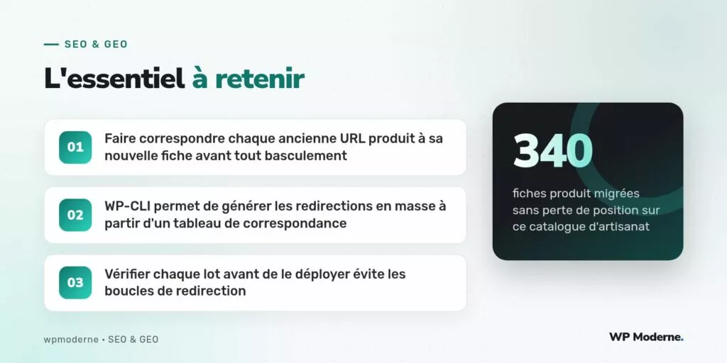 L'essentiel à retenir : Faire correspondre chaque ancienne URL produit à sa nouvelle fiche avant tout basculement ; WP-CLI permet de générer les redirections en masse à partir d'un tableau de correspondance ; Vérifier chaque lot avant de le déployer évite les boucles de redirection