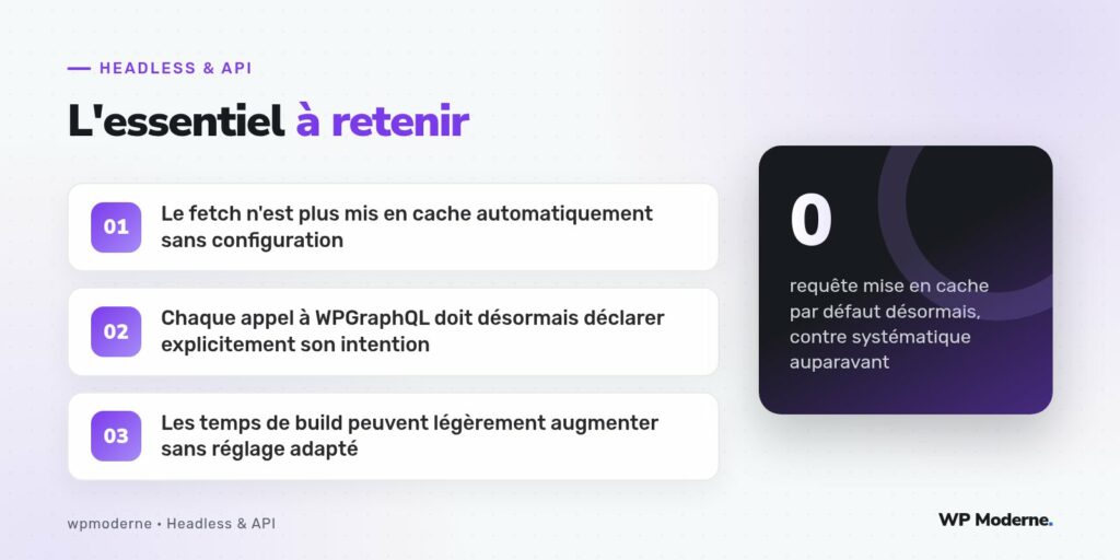 L'essentiel à retenir : Le fetch n'est plus mis en cache automatiquement sans configuration ; Chaque appel à WPGraphQL doit désormais déclarer explicitement son intention ; Les temps de build peuvent légèrement augmenter sans réglage adapté
